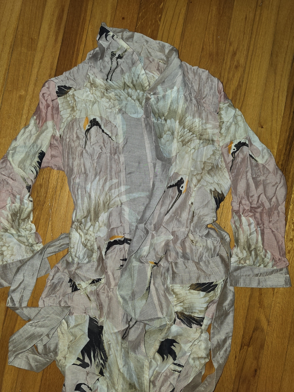 Light Pink Crane-Print Wrap Tunic with Tie Waist